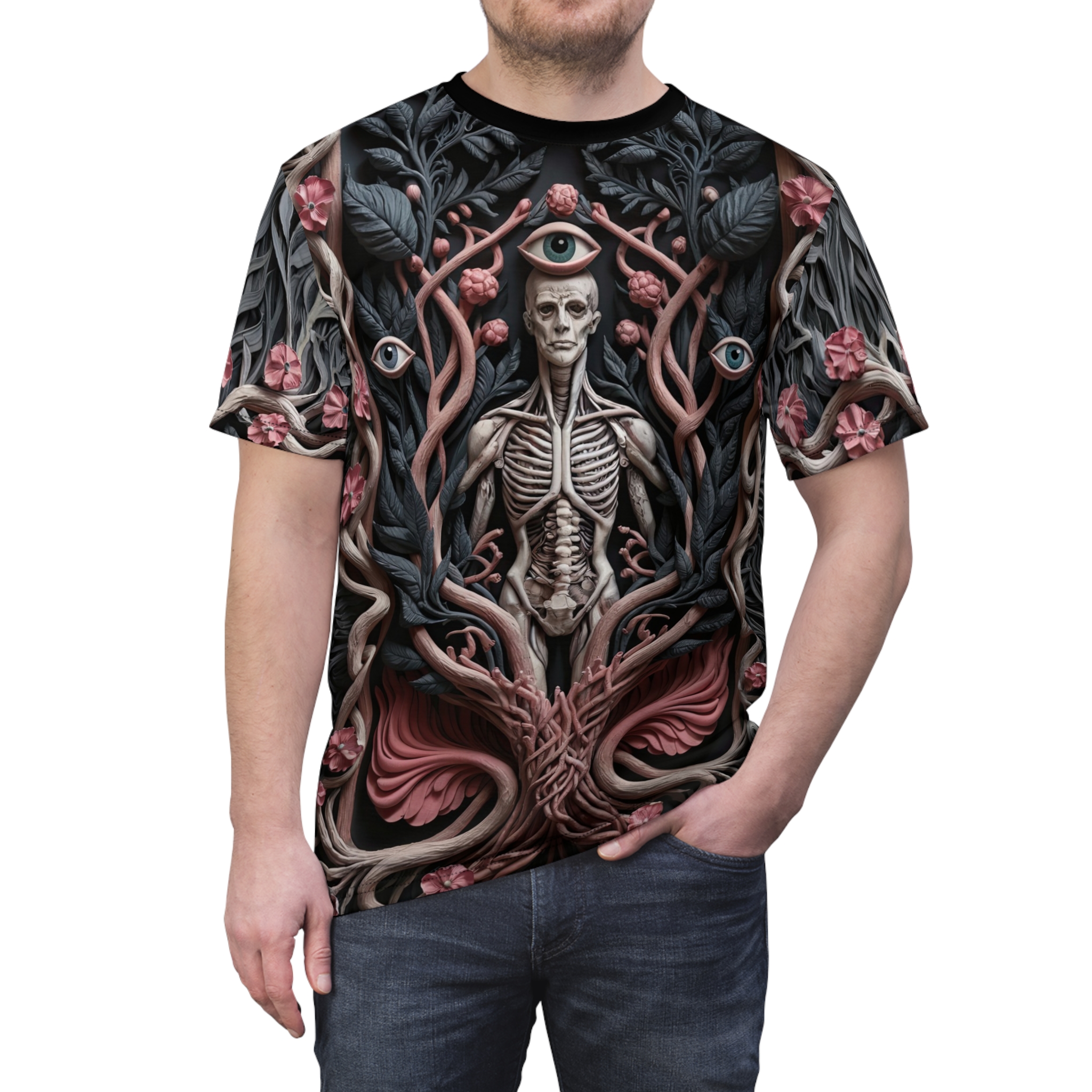 Pink flowers, blue eyes, and dark leaves cover this graphic streetwear tee, with a skeleton figure at its center.