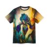 Vibrant blues, purples, and yellows in watercolor textures cover this all over print apparel, depicting a large iris flower in bloom and a bud.