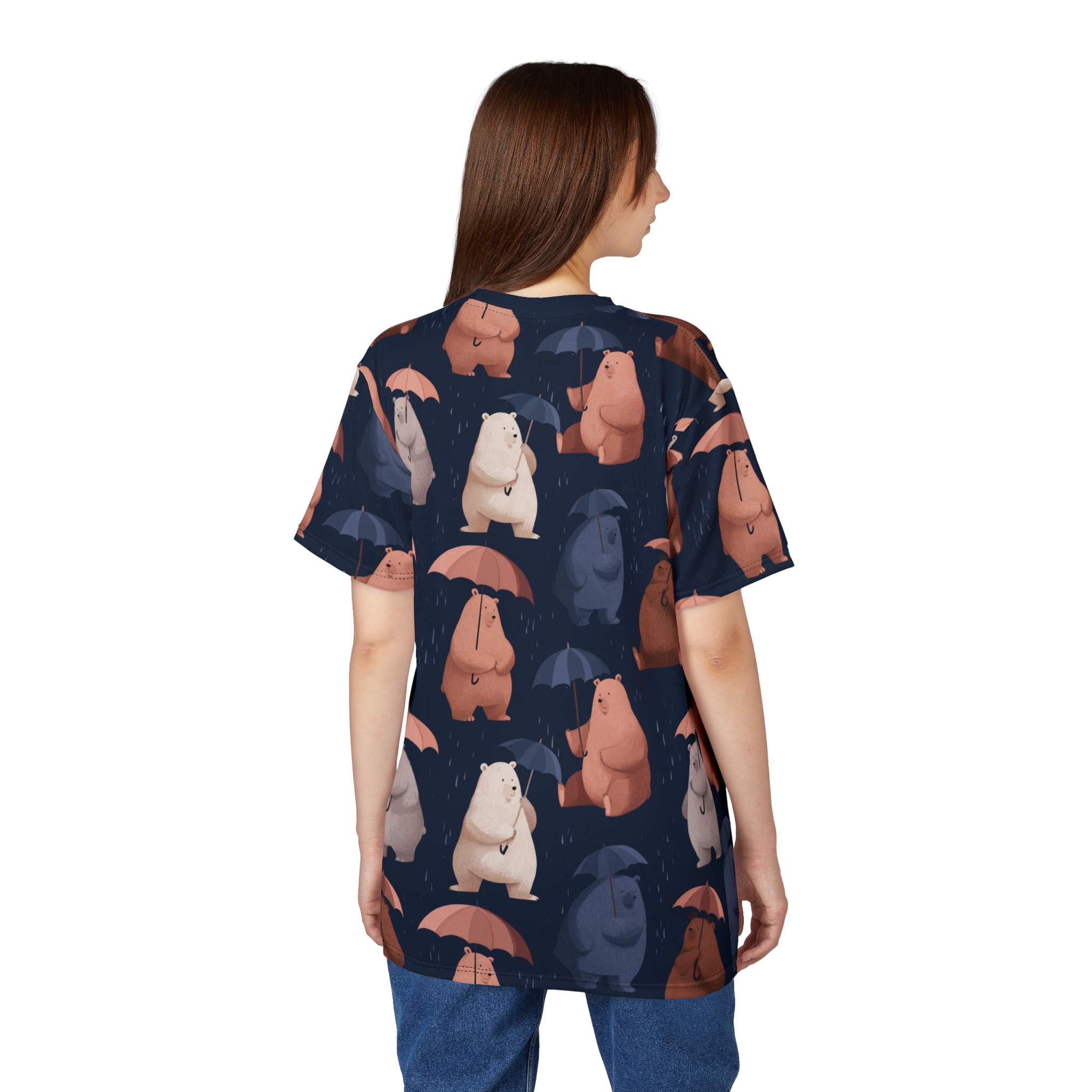 Navy blue with white, brown, and blue bears holding umbrellas and rain.