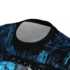 Dark blues and black with abstract patterns and geometric shapes cover this full print shirt, depicting a menacing skull design.