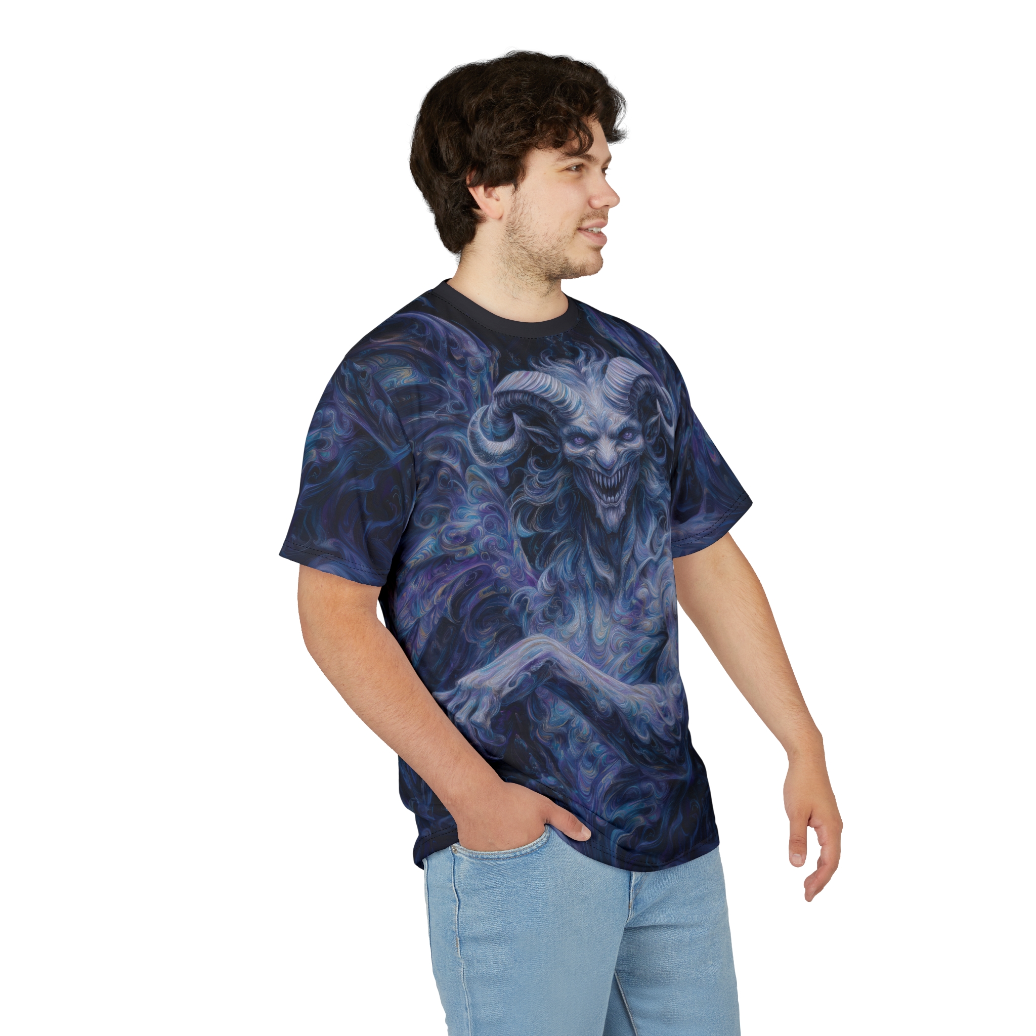 Dark blues, purples, and hints of yellow swirl around a menacing demon with glowing eyes and sharp horns on this graphic t-shirt.