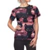 Cute Halloween Black Cat Tee - Women's All Over Print Shirt with Pumpkins