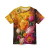 Vibrant pink, orange, yellow, and white flowers bloom against a warm, golden-hued background with tree bark textures.
