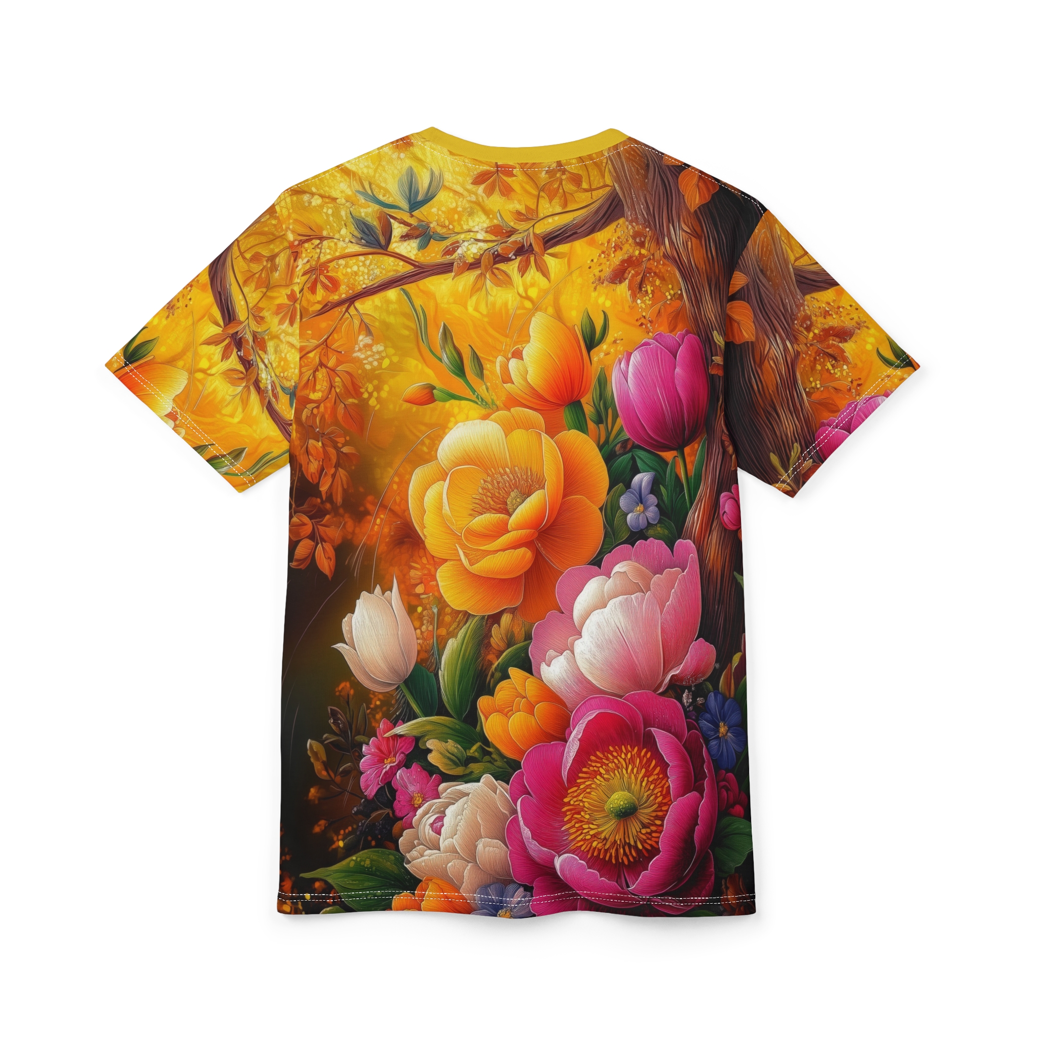 Vibrant orange, yellow, pink, and white flowers with green leaves and brown tree bark cover this oversized full print tee, set against a warm, glowing yellow background.