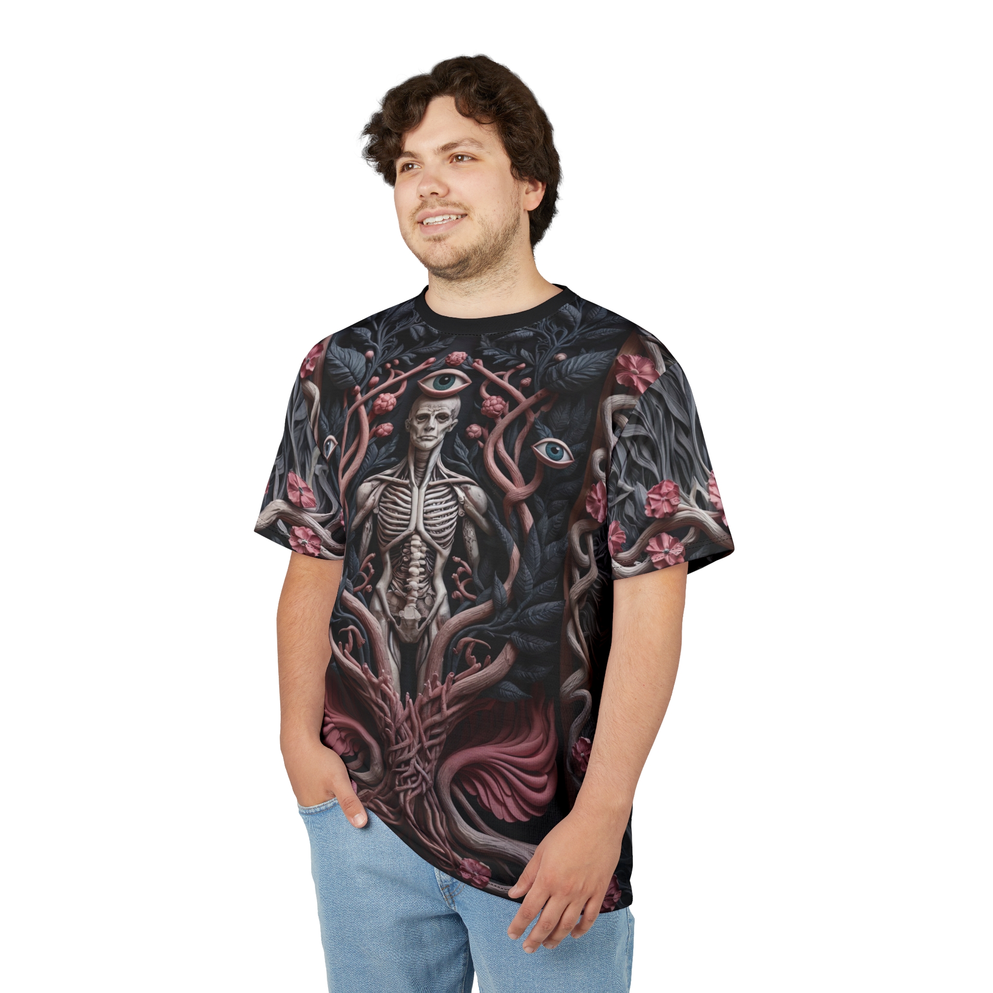 Dark foliage, pink flowers, and swirling vines cover this sublimation graphic tee, depicting a gothic skeleton with multiple eyes.