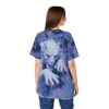 Swirling purples and blues cover this seamless pattern tee, depicting a menacing white creature with sharp claws and horns.