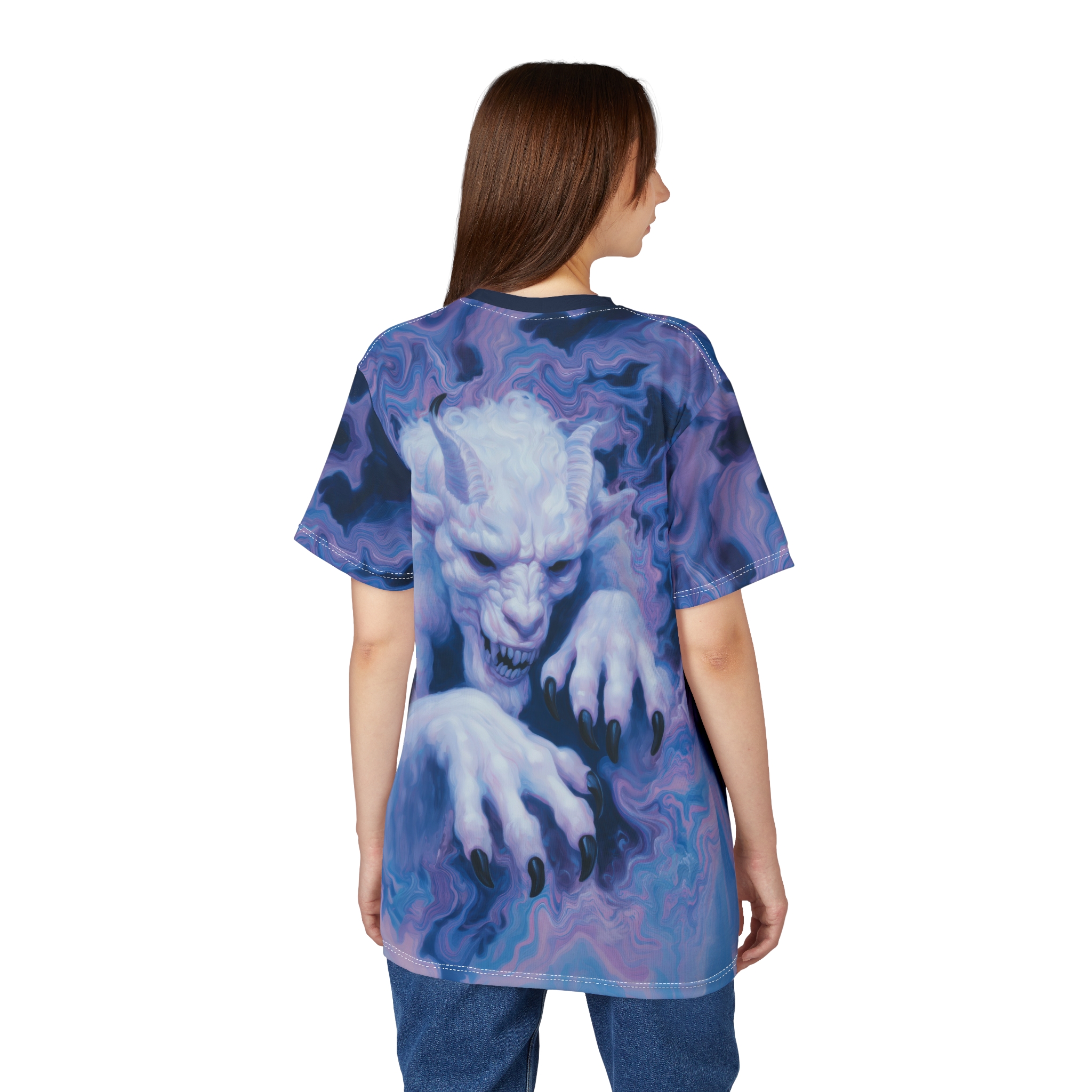 Swirling purples and blues cover this seamless pattern tee, depicting a menacing white creature with sharp claws and horns.