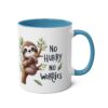 White ceramic mug with a blue handle and interior, featuring a cartoon sloth on a branch with the words 'No Hurry No Worries'.
