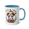 White ceramic mug with blue handle and interior, featuring a cute sloth in a pumpkin with text 