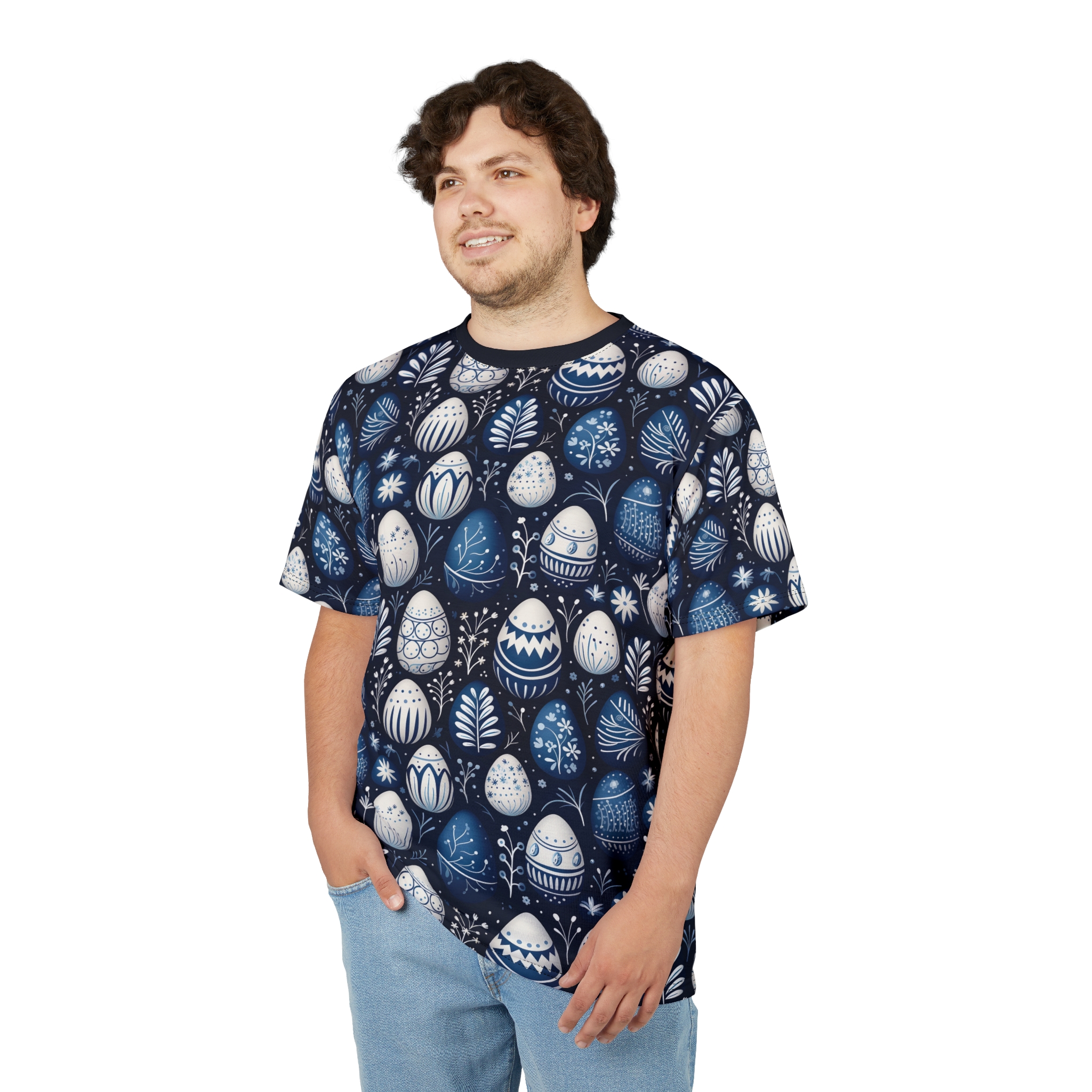 White and blue floral patterns and Easter eggs cover this dark navy t-shirt.