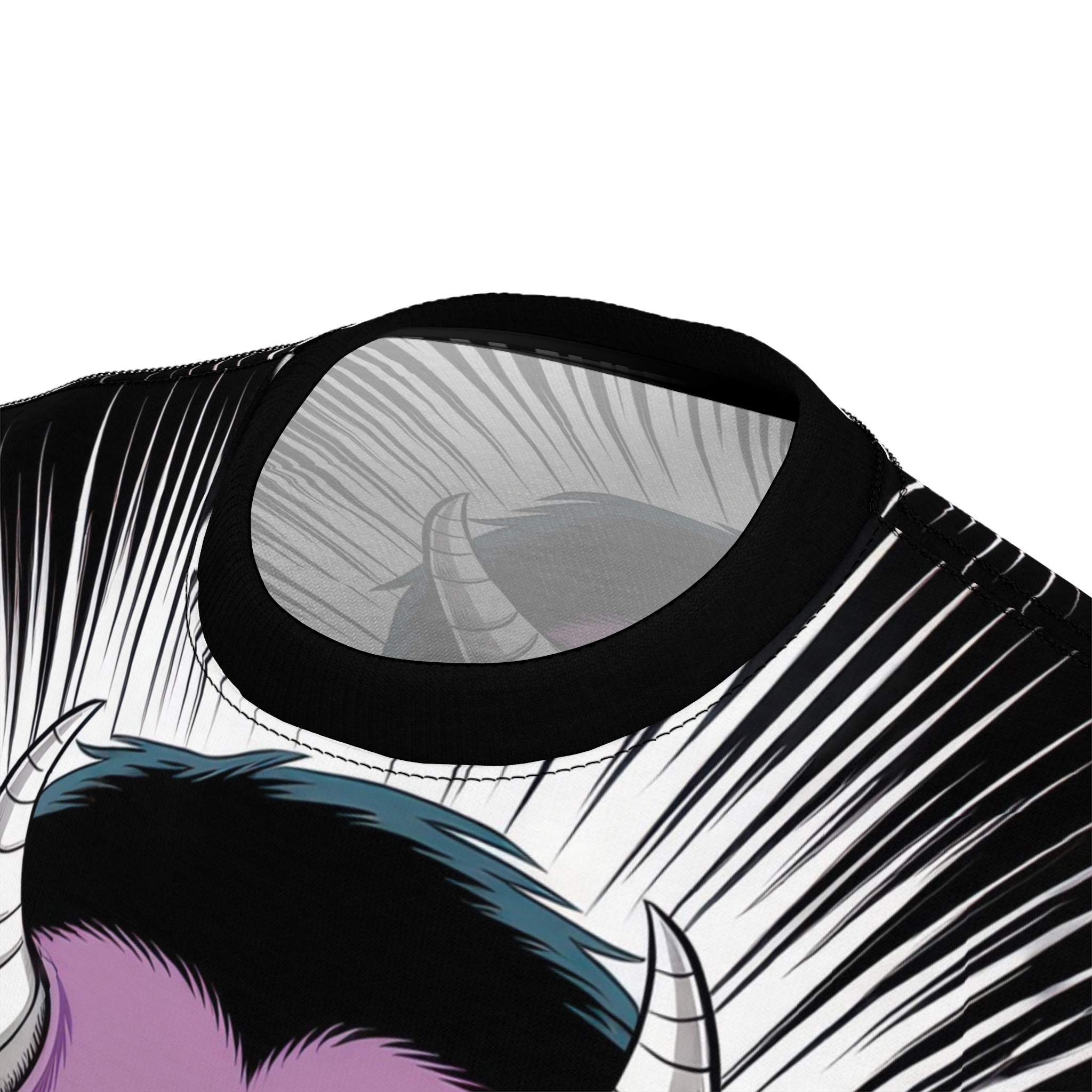 Black and white radial lines and a purple demon face with horns cover this sublimation graphic tee.