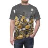 Golden and grey abstract floral patterns cover this seamless pattern tee, featuring delicate stems and textured circular blooms against a dark, textured background.