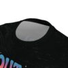 Black and white abstract streaks cover this patterned tee shirt, with a gradient text design and celestial graphics.