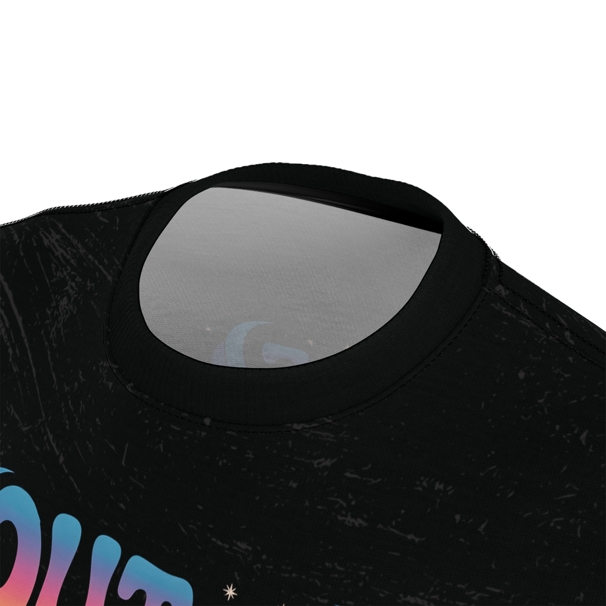 Black and white abstract streaks cover this patterned tee shirt, with a gradient text design and celestial graphics.