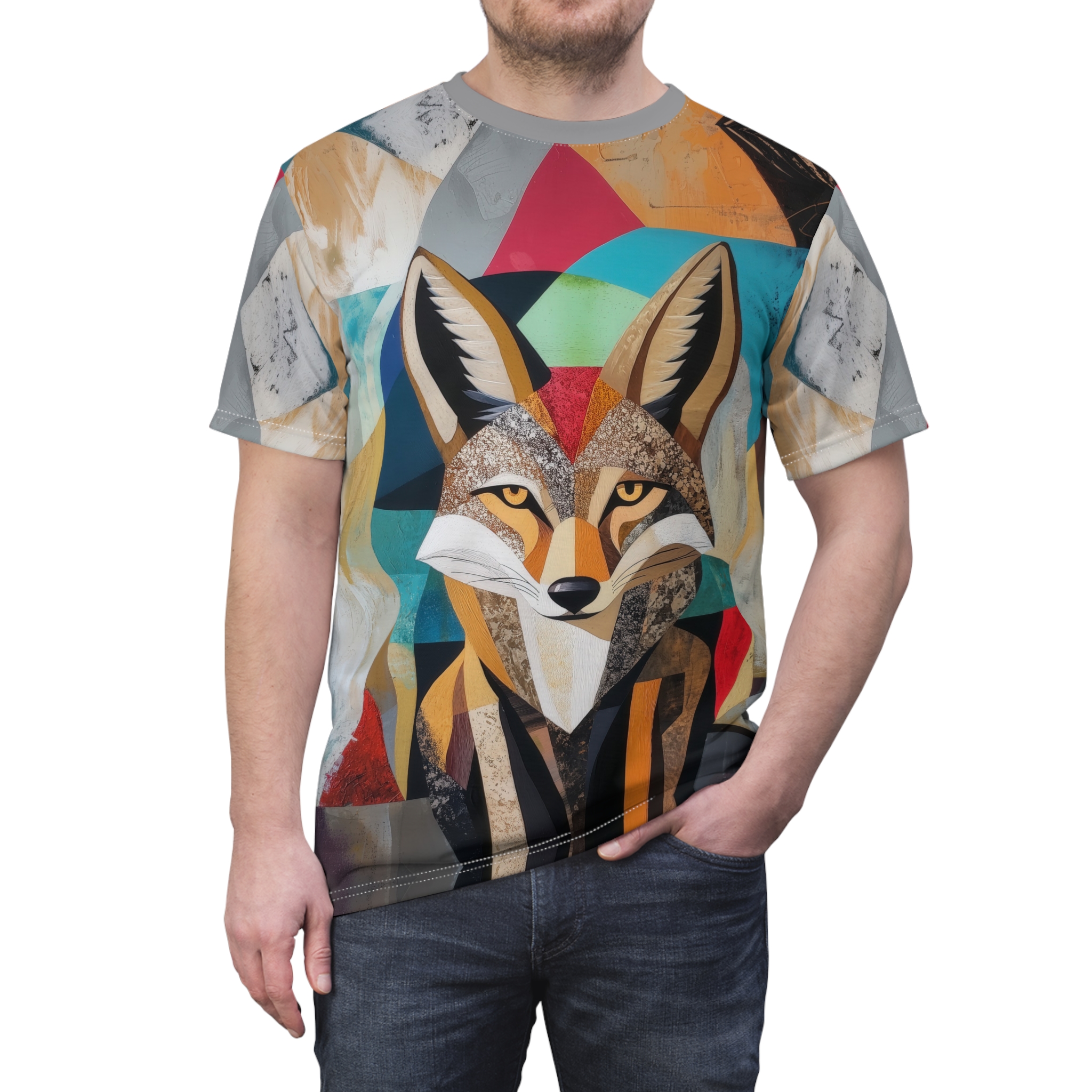 Geometric shapes in earthy tones and vibrant colors cover this seamless pattern tee, depicting a stylized wolf's face with sharp features.