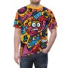 Yellow, pink, blue, and orange abstract shapes and a cartoon character on a skateboard fill this oversized full print tee.