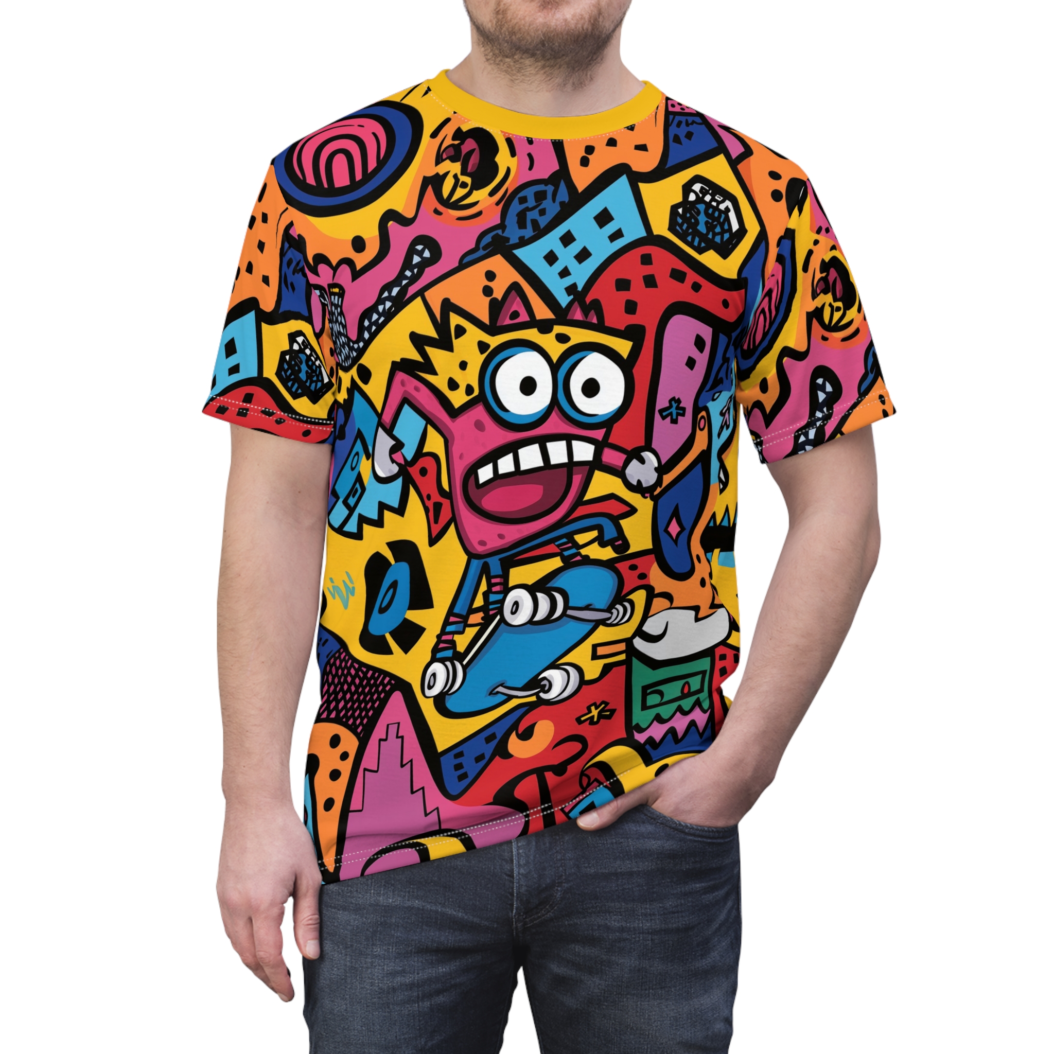 Yellow, pink, blue, and orange abstract shapes and a cartoon character on a skateboard fill this oversized full print tee.