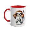 White ceramic mug with a red interior and handle, featuring a cute sloth peeking out of a coffee cup graphic that says 