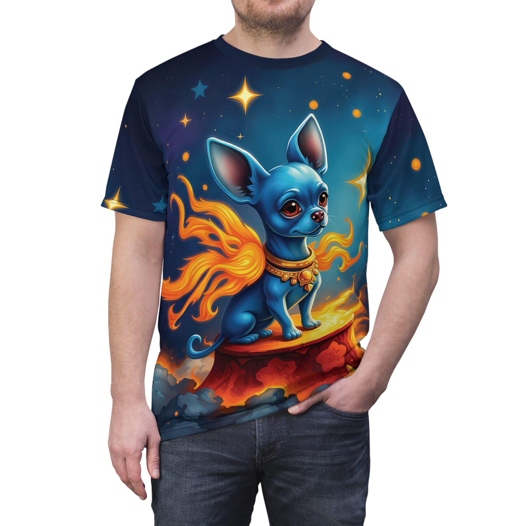 Deep blues, fiery oranges, and glowing yellows cover this sublimation graphic tee, depicting a blue chihuahua with fiery wings sitting on a celestial body.