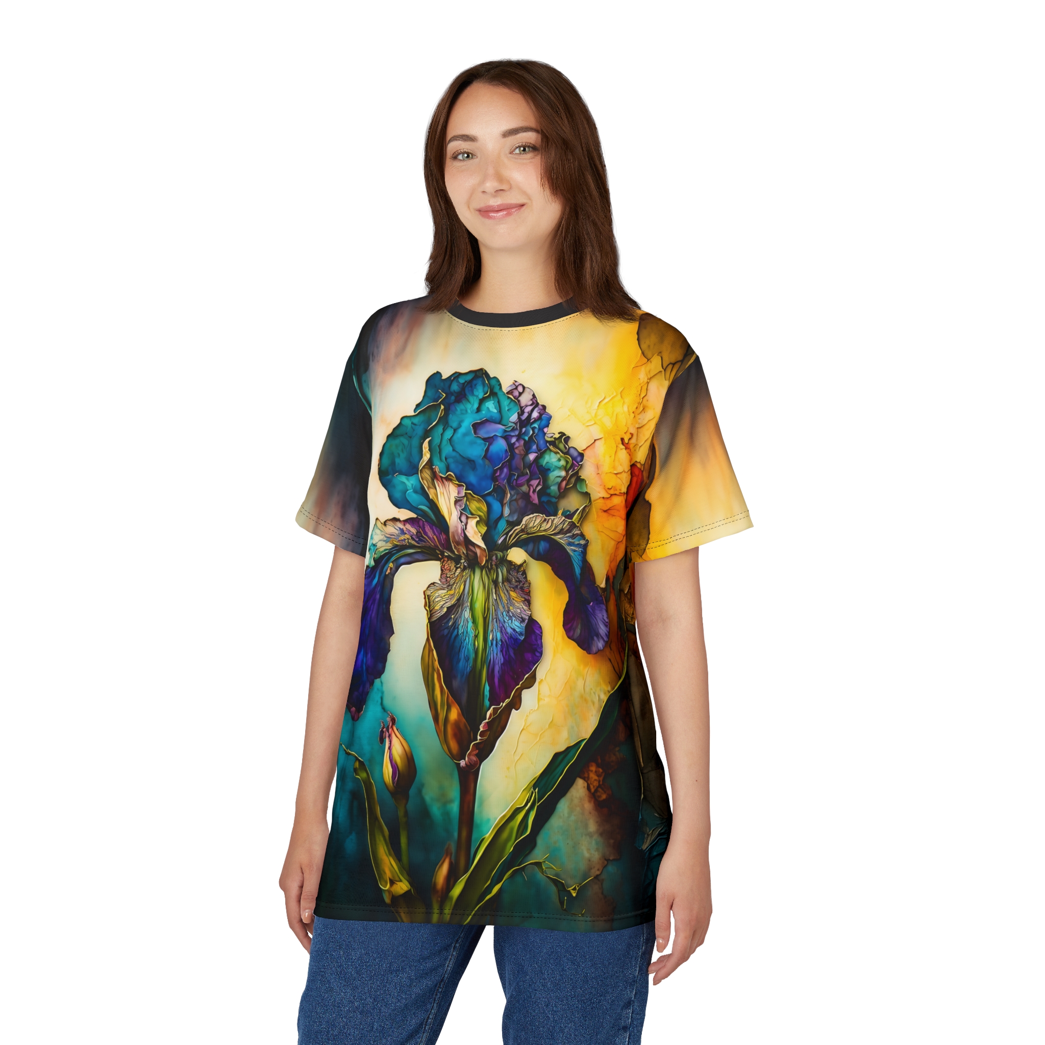 Vivid blues, purples, and yellows in a watercolor style cover this oversized full print tee, depicting a large iris flower and buds.