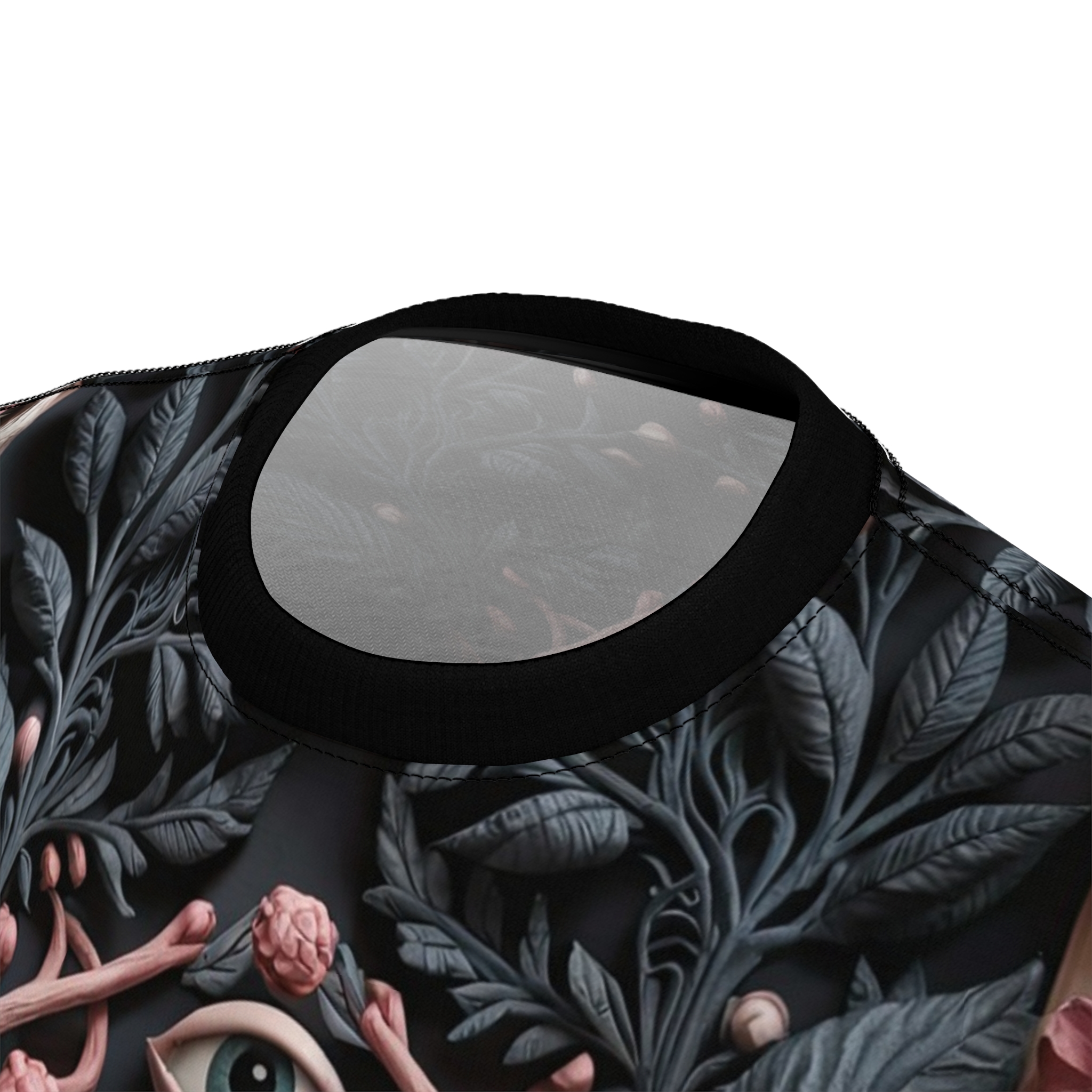 Dark grey and pink botanical elements and an eye cover this full print shirt, featuring a gothic all-over design.