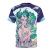 Teal horns, iridescent fabric, and a starry sky with planets cover this patterned tee shirt, depicting a fantasy woman amidst crashing waves and a beach.