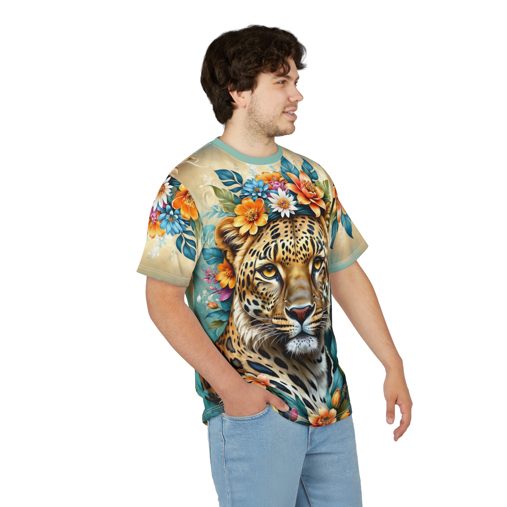 Bold leopard spots and vibrant orange, blue, and white flowers cover this 3D graphic t-shirt, featuring a majestic leopard's face.