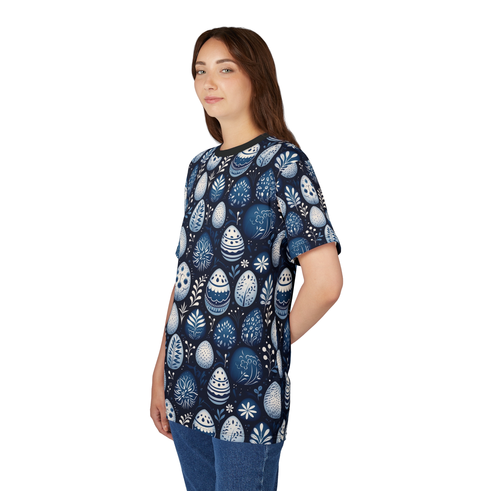 Vibrant Blue Floral Easter Egg AOP Tee, Unisex All Over Print T-Shirt, Easter T-Shirt V2 – eye-catching full print casual top