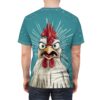 Teal with white splatters and rays cover this full print shirt, featuring a shocked cartoon chicken face with wide eyes and an open beak.