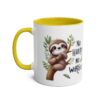 White mug with yellow interior and handle, featuring a cute sloth illustration and the words