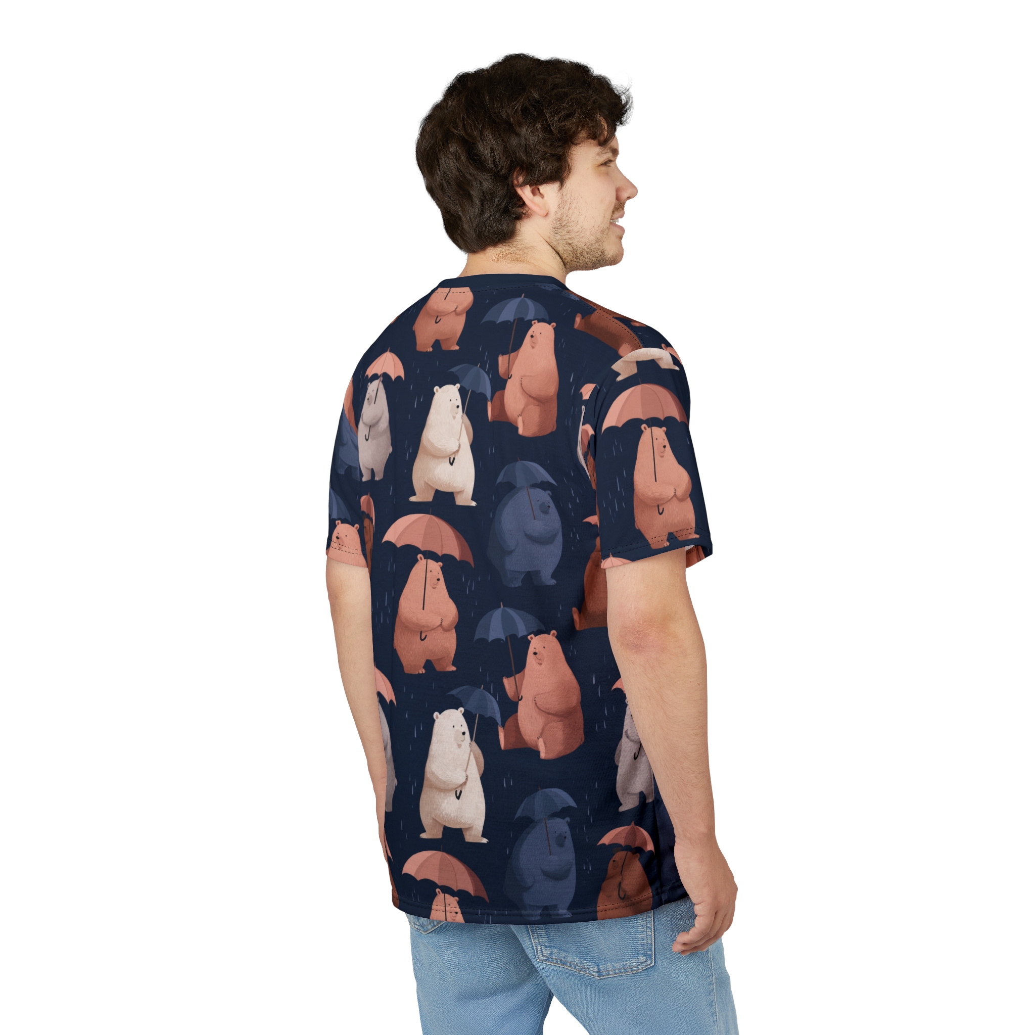 Brown, white, and blue bears holding pink and blue umbrellas are scattered across this dark blue t-shirt with a rain pattern.