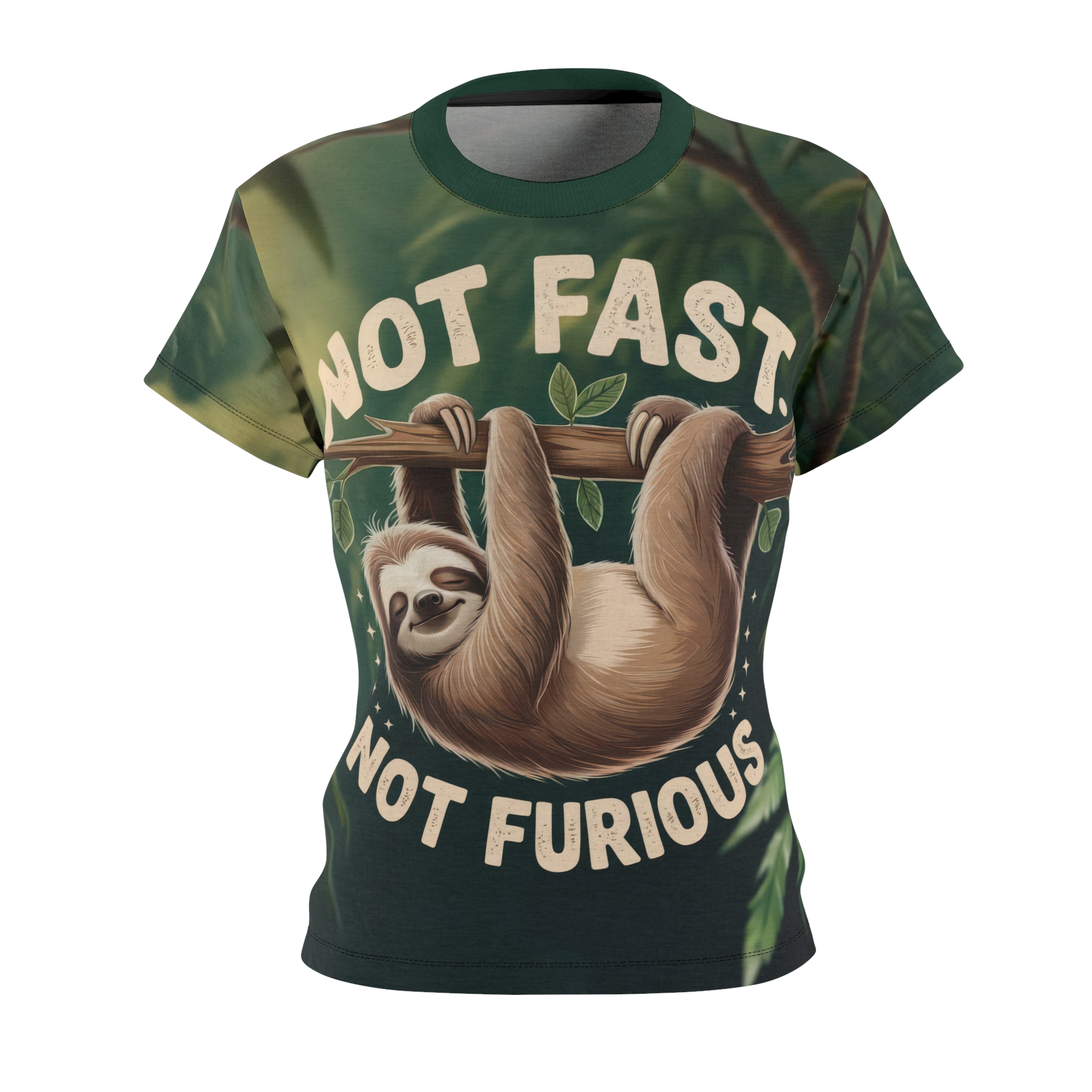 Womens All Over Print Sloth Tee: Not Fast, Not Furious, Funny Sloth Shirt