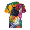 Vibrant floral patterns in yellow, orange, pink, purple, and blue cover this sublimation graphic tee, featuring a black cat with striking green eyes amidst the blooms.