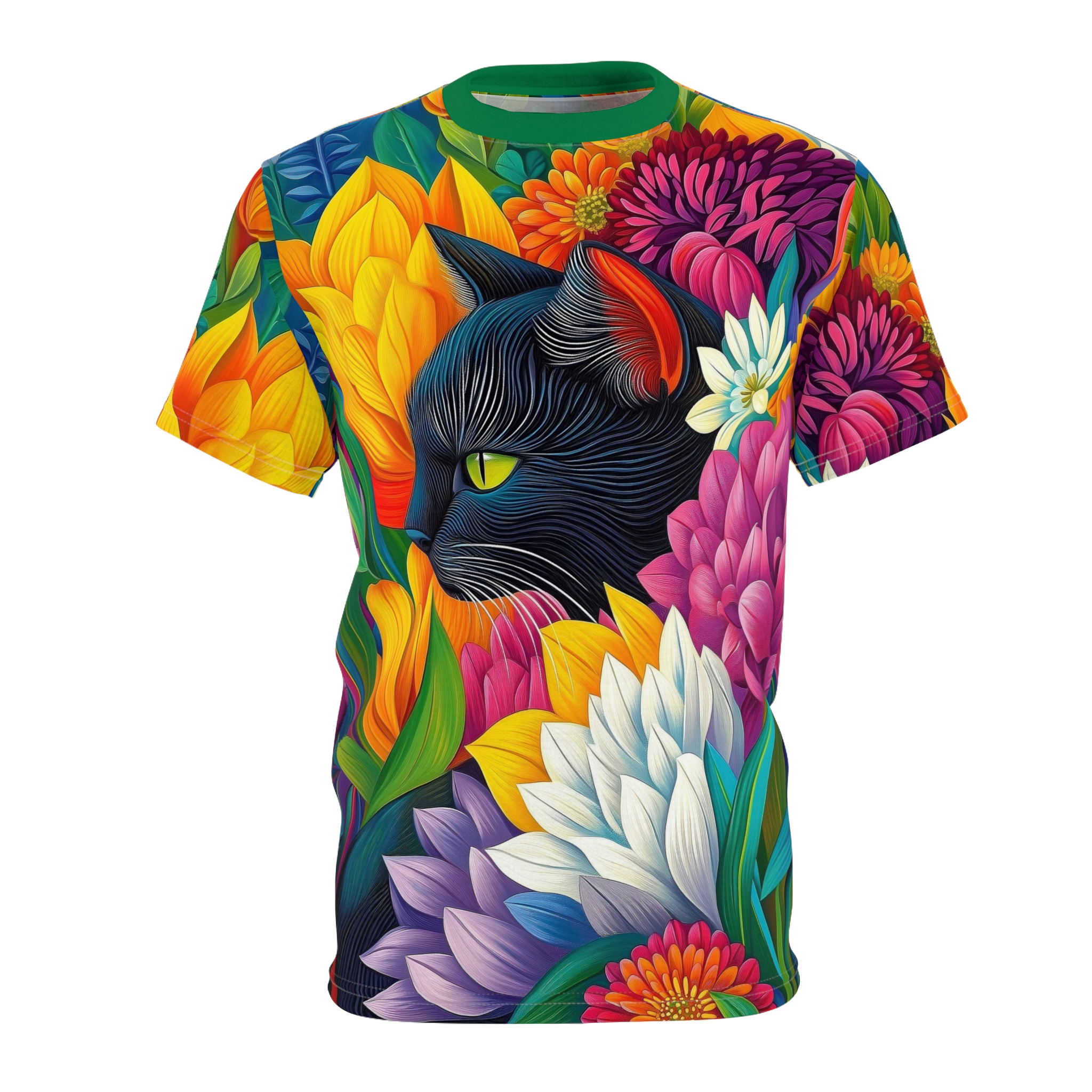 Vibrant floral patterns in yellow, orange, pink, purple, and blue cover this sublimation graphic tee, featuring a black cat with striking green eyes amidst the blooms.
