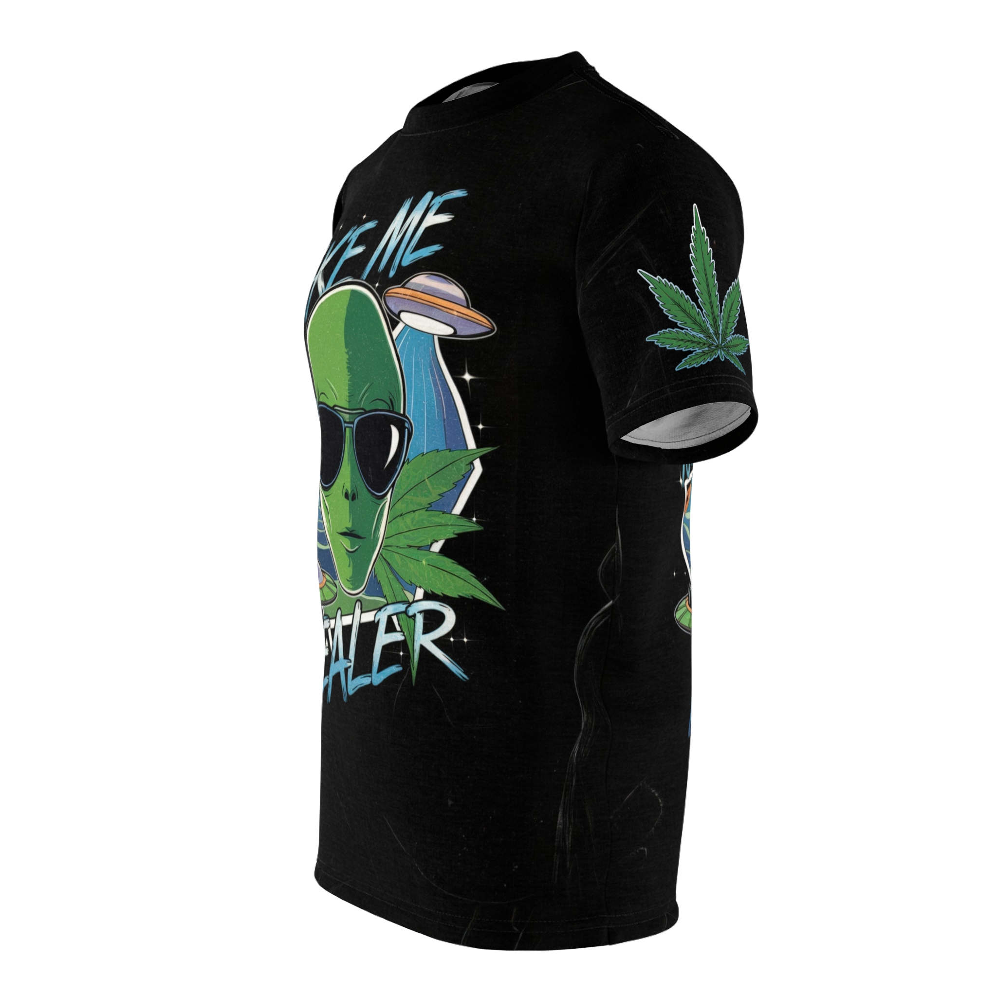 Green aliens, sunglasses, UFOs, and cannabis leaves cover this oversized full print tee, featuring a retro graphic design.