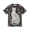 Pink and grey floral patterns and foliage cover this sublimation graphic tee, featuring a white cat with delicate floral markings on its fur.