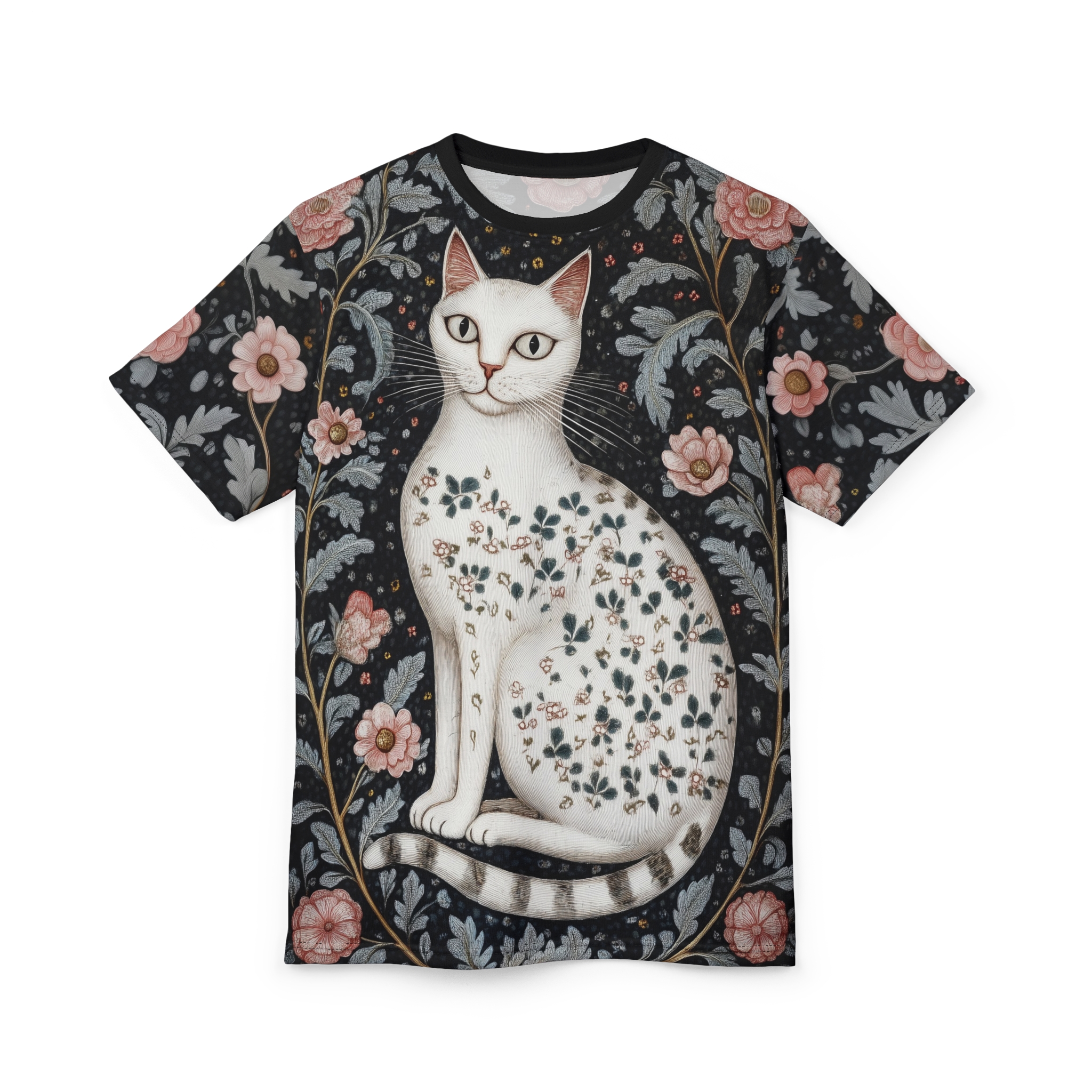 Pink and grey floral patterns and foliage cover this sublimation graphic tee, featuring a white cat with delicate floral markings on its fur.