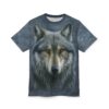 Grays, browns, and striking orange eyes cover this oversized full print tee, depicting a detailed wolf's face against a smoky, dark background.