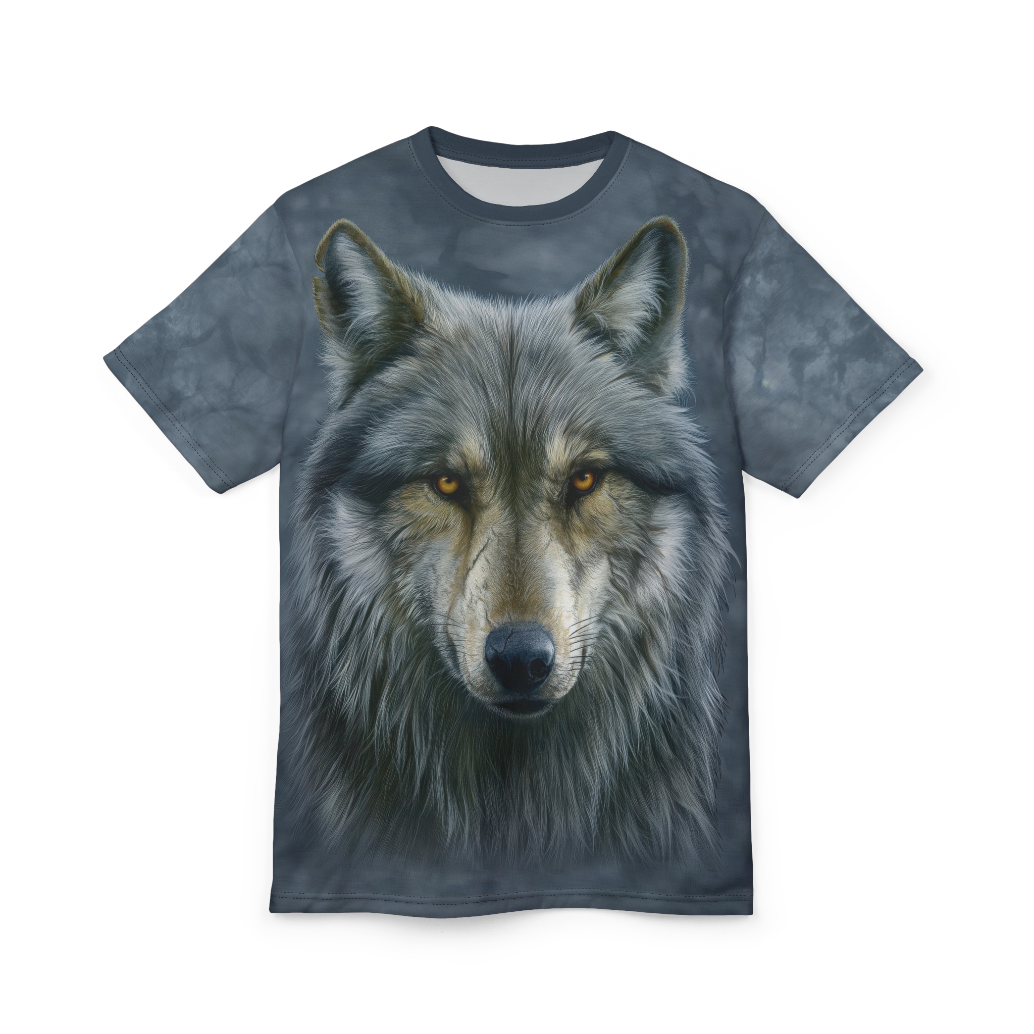 Grays, browns, and striking orange eyes cover this oversized full print tee, depicting a detailed wolf's face against a smoky, dark background.