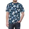 Blue floral and ornate Easter eggs cover this oversized full print tee, with small white and blue flowers and leafy branches.