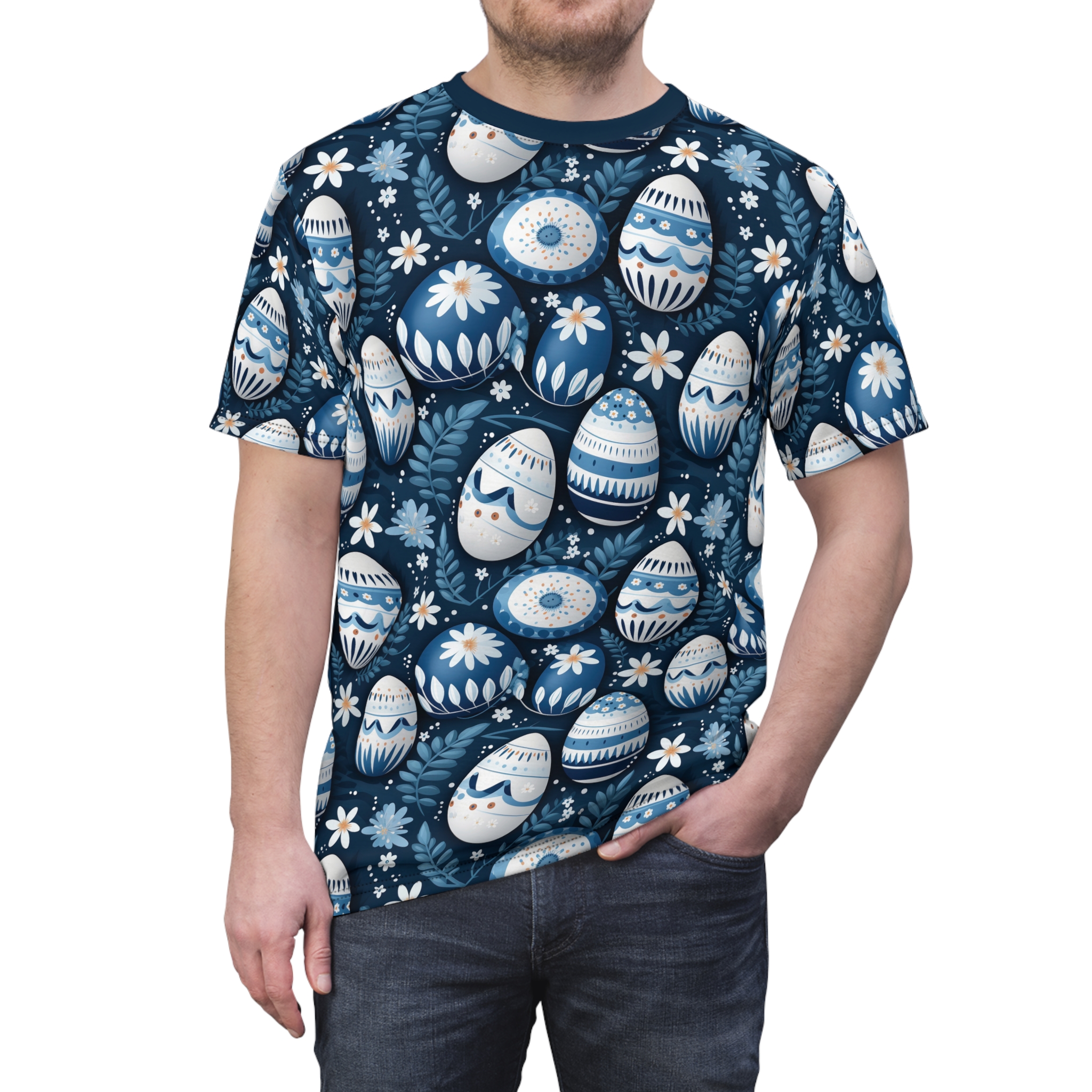 Blue floral and ornate Easter eggs cover this oversized full print tee, with small white and blue flowers and leafy branches.
