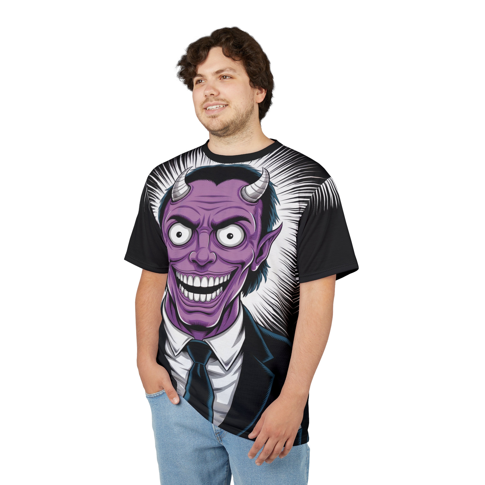 White and black sunburst patterns cover this 3D graphic t-shirt, featuring a close-up of a purple, wide-grinning devil in a suit.