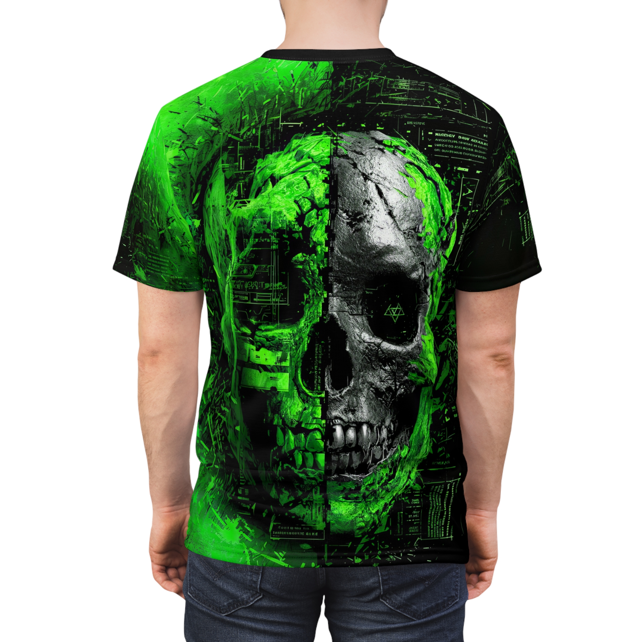 Vibrant Green Gothic Skull Graphic Tee - Unisex All Over Print T-Shirt for Horror Enthusiasts – eye-catching full print casual top