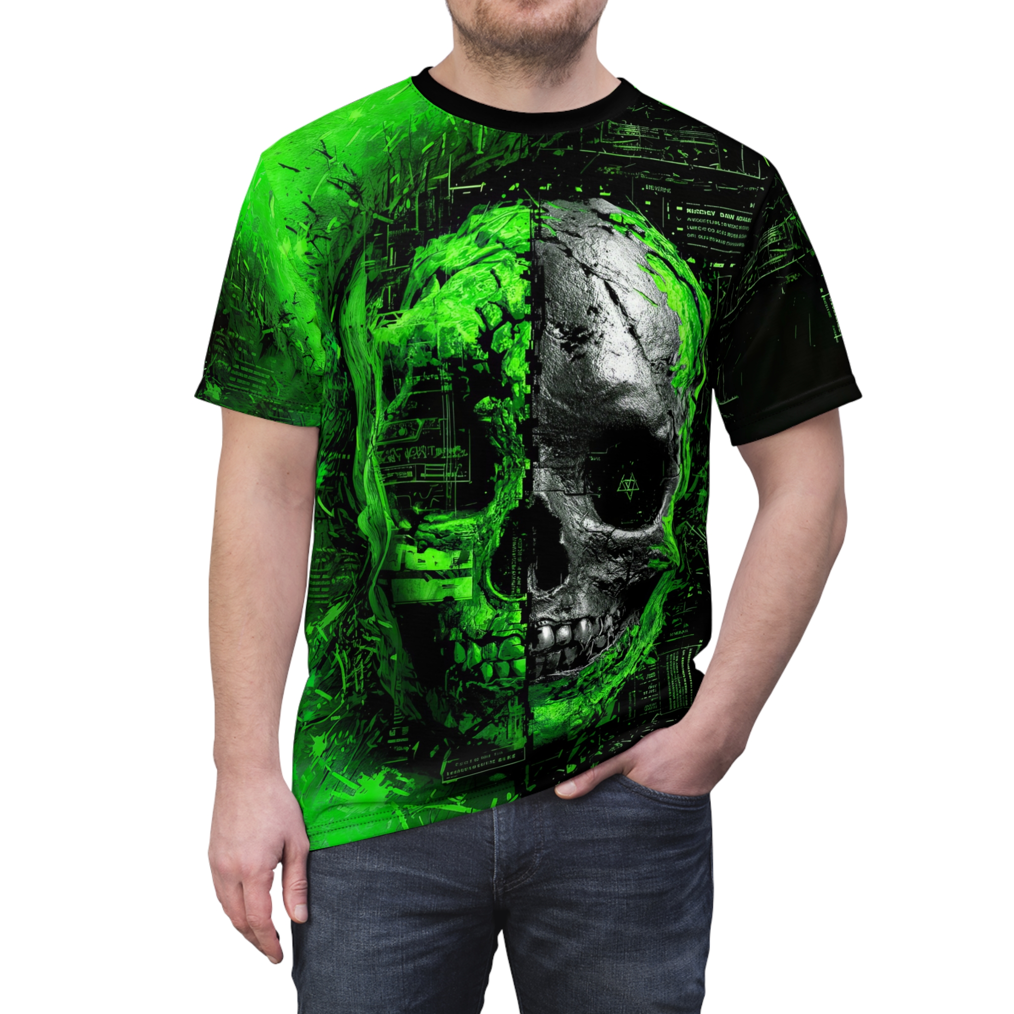 Vibrant Green Gothic Skull Graphic Tee - Unisex All Over Print T-Shirt for Horror Enthusiasts – eye-catching full print casual top