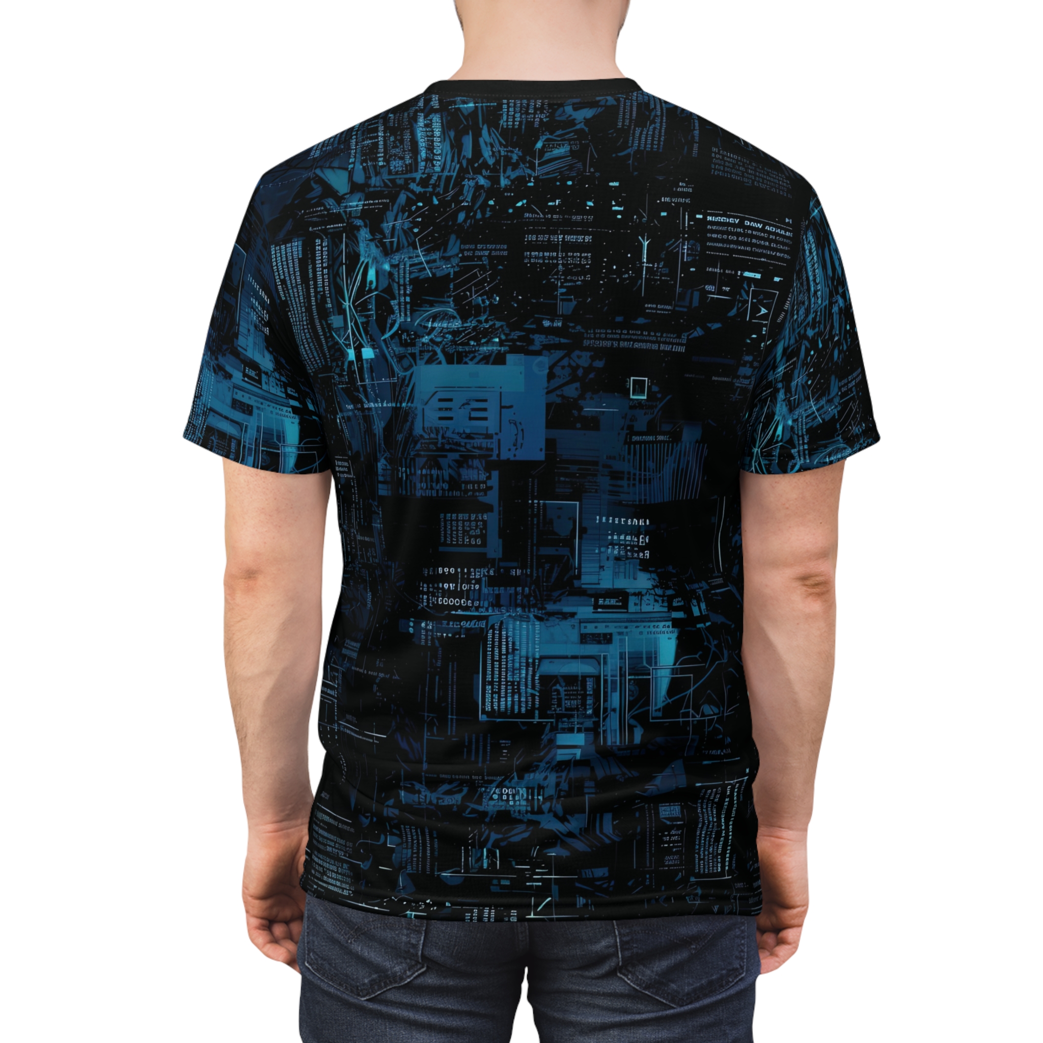 Electric blue circuitry and glowing text cover this graphic streetwear tee, depicting a fragmented digital landscape.