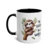 White ceramic mug with black handle and interior, featuring a cute sloth on a branch with
