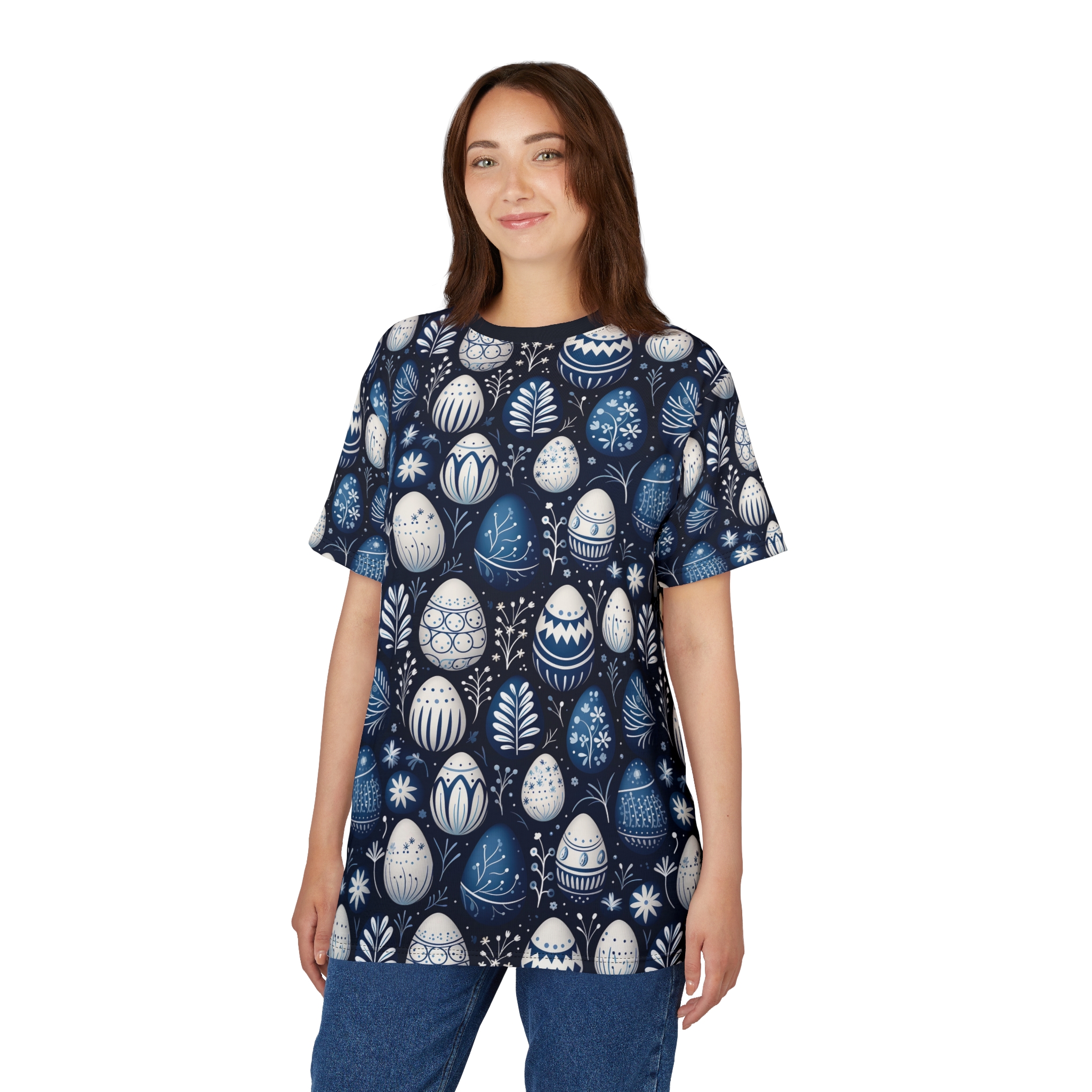 White and blue floral patterns and Easter eggs cover this 3D graphic t-shirt, set against a dark navy background.