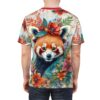 Vivid floral patterns in red, orange, and green cover this graphic tee, featuring a detailed red panda portrait adorned with blossoms.