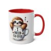 White ceramic mug with a red interior and handle, featuring a cute sloth peeking out of a coffee cup that says 