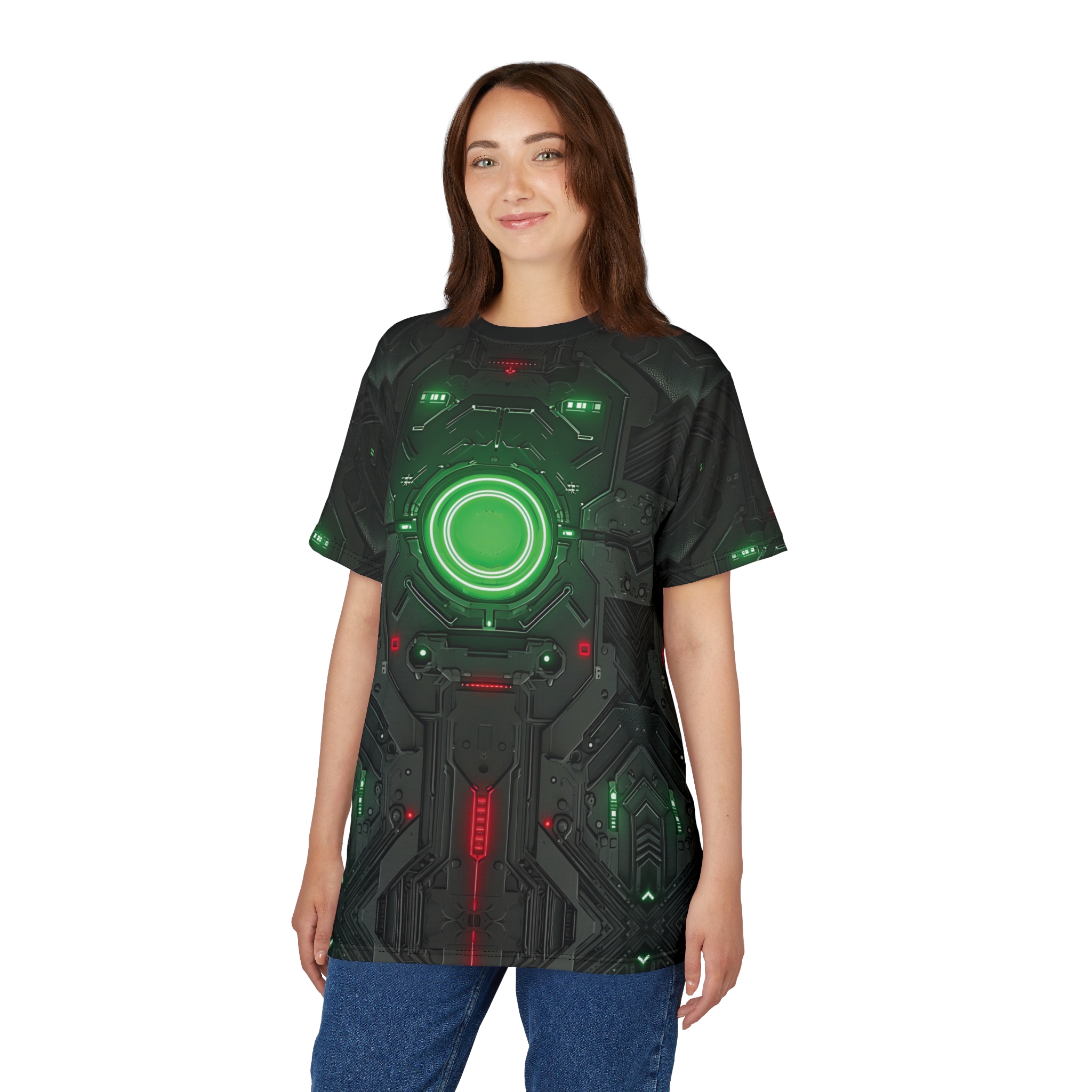 Futuristic Graphic Tee - Unisex All Over Print T-Shirt - Cyberpunk Style Shirt - Unique All Over Print T-Shirt Apparel - Tech-Inspired Casual Wear - Image 5